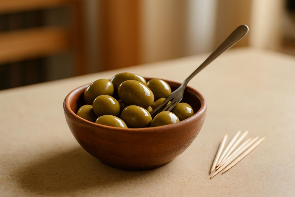 portuguese olives in a small bowl with toothpicks and forkk