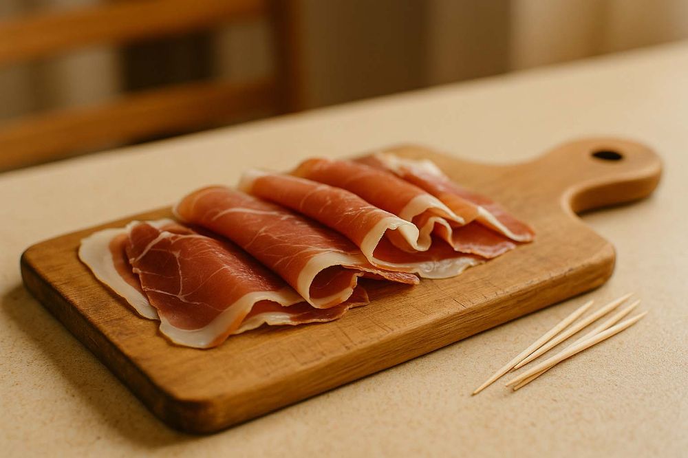 serrano ham on a wooden chopping board