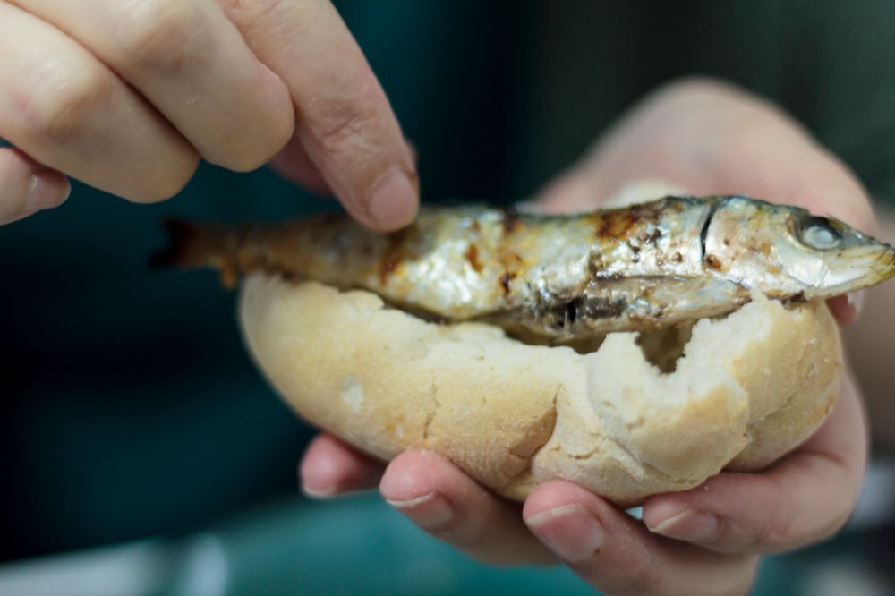a sardine in a fresh bread roll